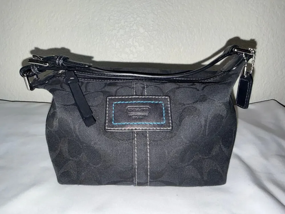 COACH Vintage Black Signature Carly Mini Hobo Baguette Blue Stitch Accent